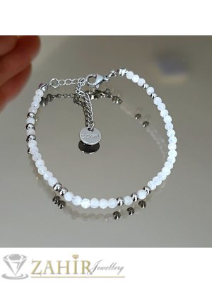 Мега яка гривна за ръка или глезен от естествен бял ахат 3 мм топче и стоманени елементи, закопчалка и удължител - GA3136